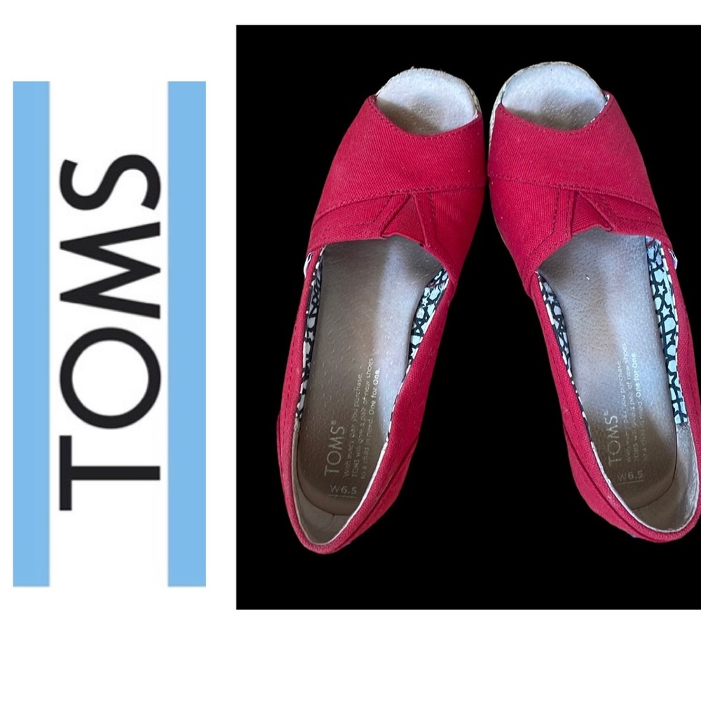 Toms Twill Classic Wedge Sandals Womens 6.5 Red Peep Toe Twine 3" Heel Shoes